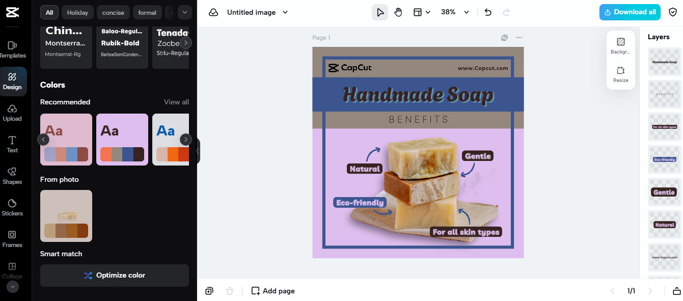 CapCut Commerce Pro design interface with a promotional image for handmade soap, ideal for Etsy marketing strategies.